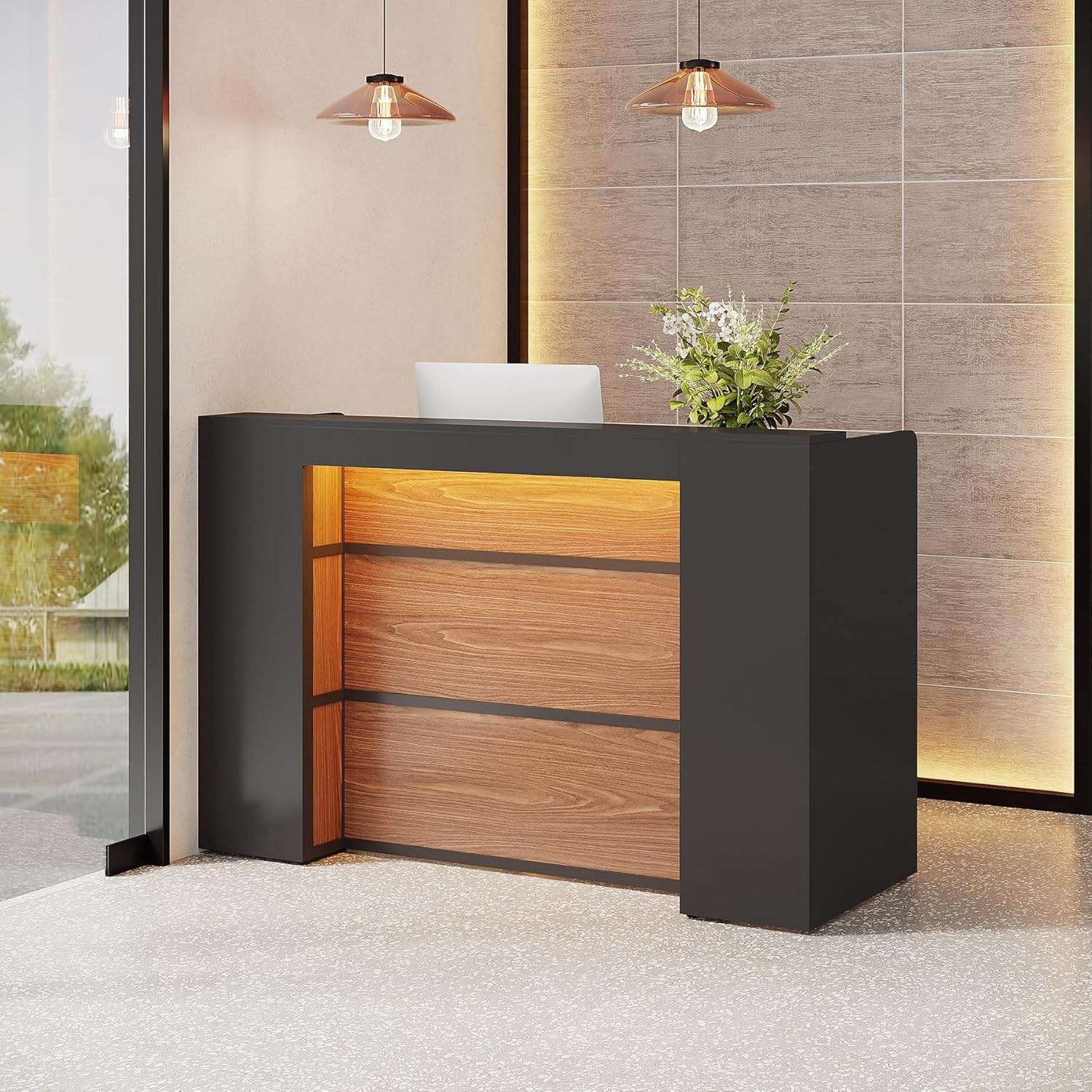Modern Reception Desk with LED Lights, 63 Inches Front Counter Table for Office