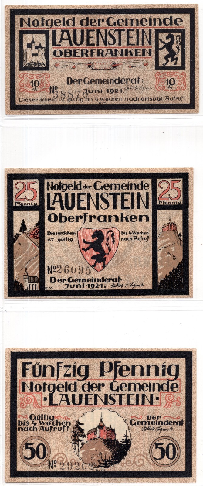 1921 Germany Lauenstein Notgeld Set of 3 Notes (2412)