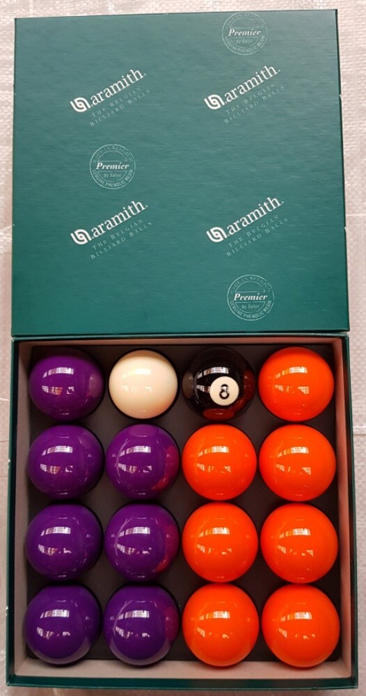 Pool Table Balls Aramith Premier 2" Purple & Orange with League 1 7/8" Cue Ball