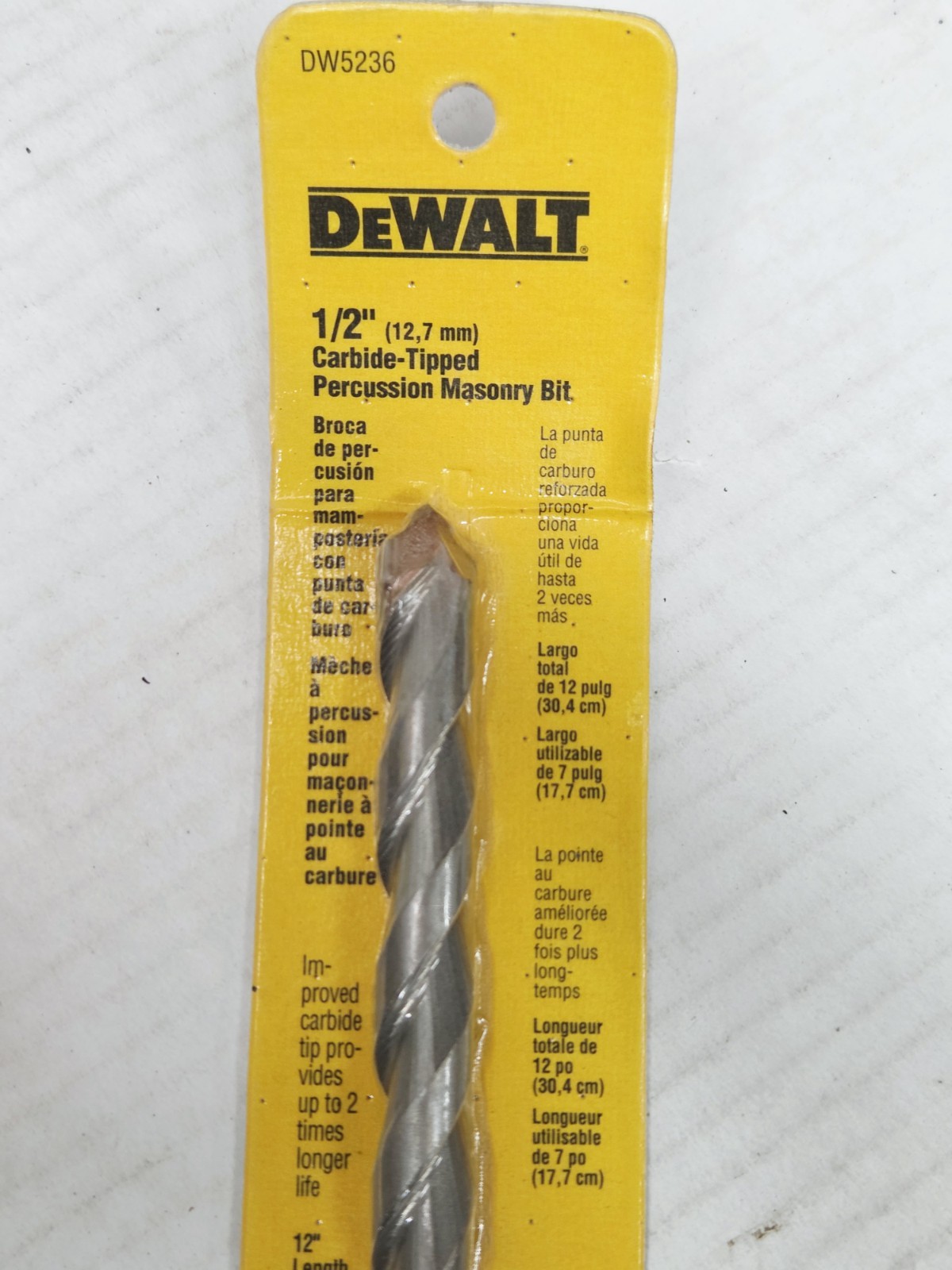 DeWalt Carbide Masonry 1/2" x 12" Extra Long Hammer Drill Bit, No-Spin Shank