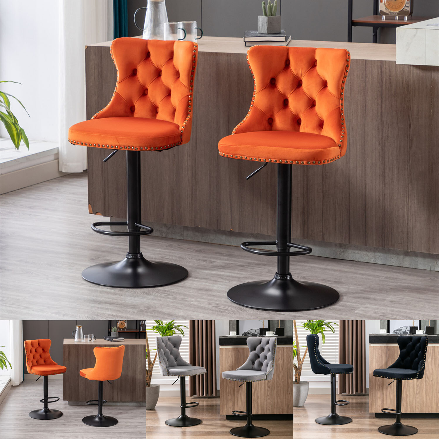 Set of 2 Swivel Bar Stool Counter Height Adjustable Velvet Dining Chair US