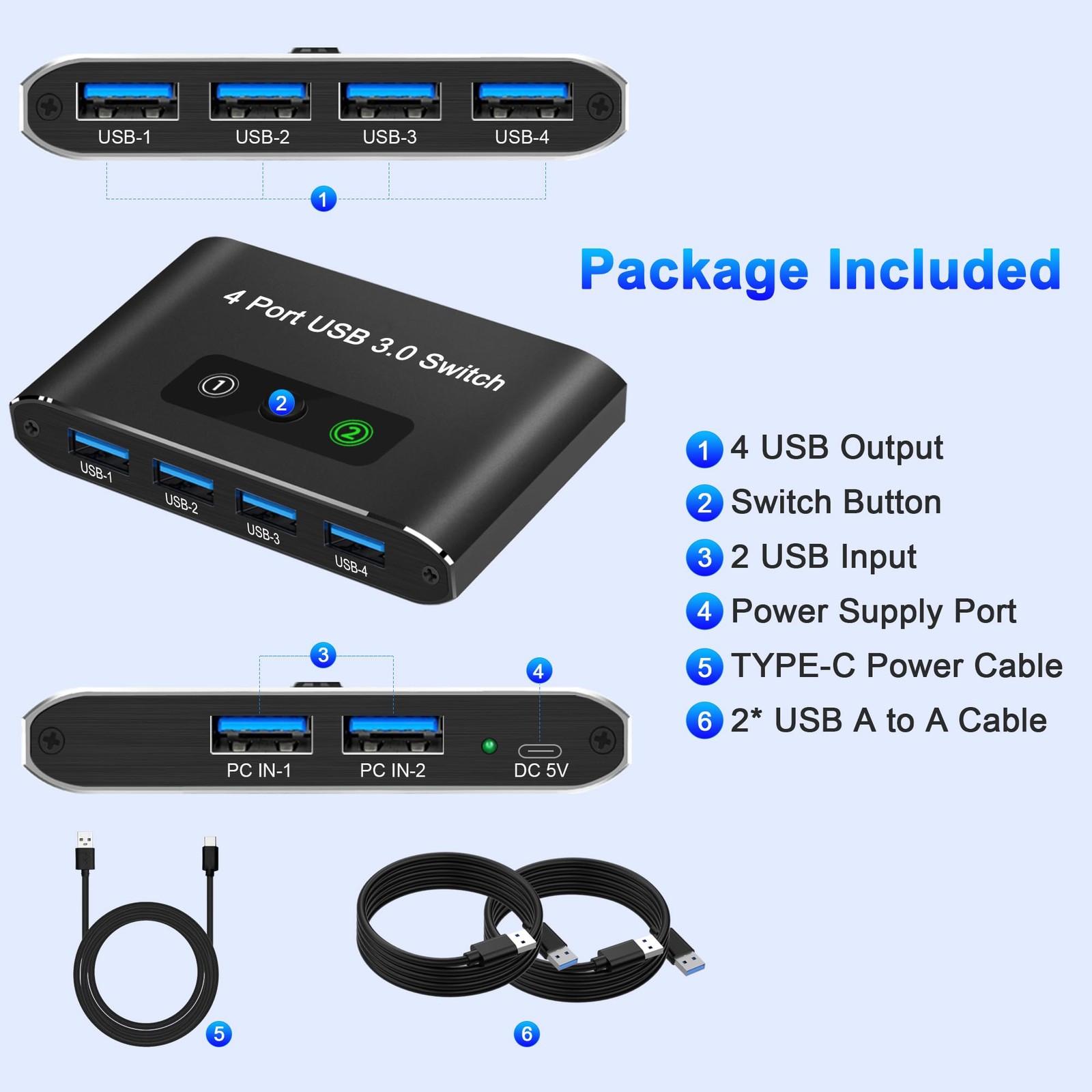 USB 3.0 Switch, 2 Computers Share 4 USB Devices, KVM Switcher, 2 USB Cables