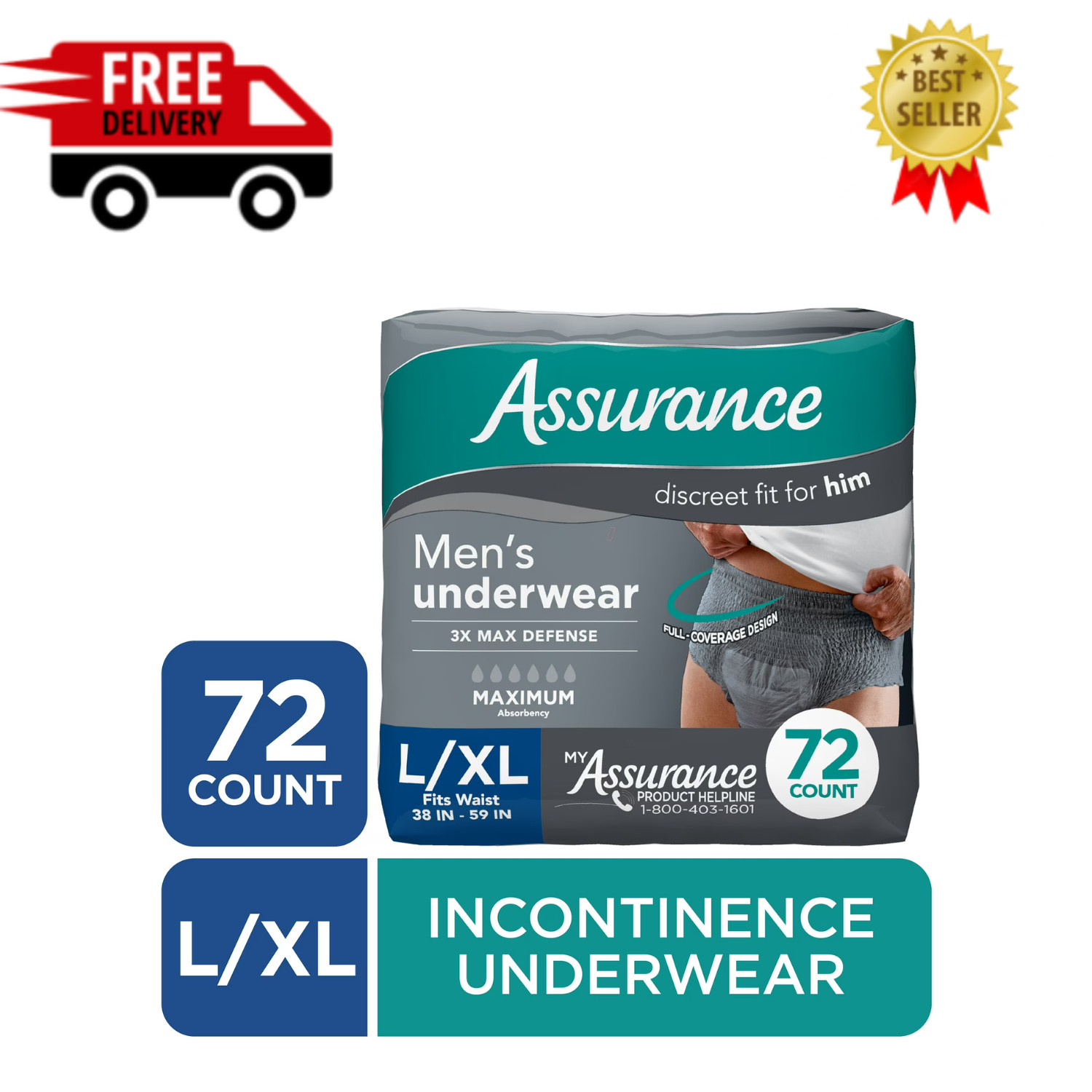 Assurance Men's Incontinence Underwear, Large, Maximum Absorbency, 72 Count