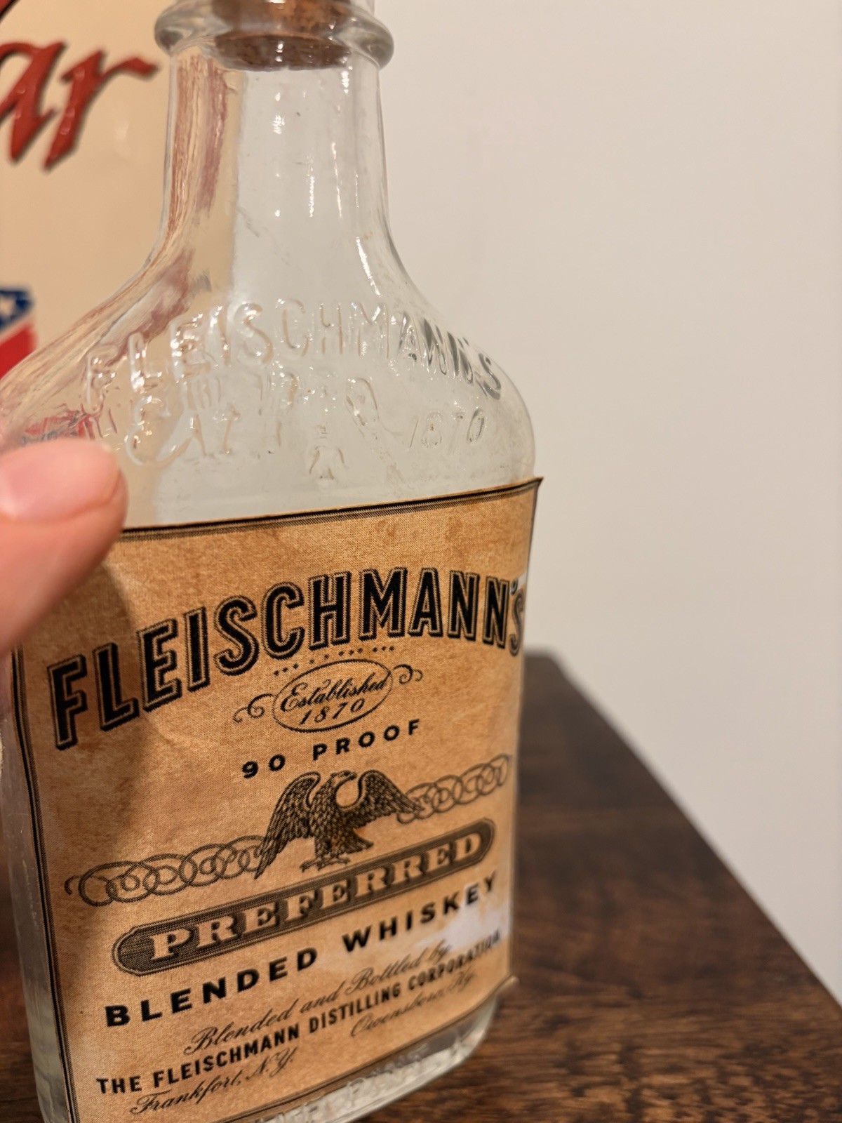 Vintage Embossed Clear Fleischmanns Whiskey Flask With Label