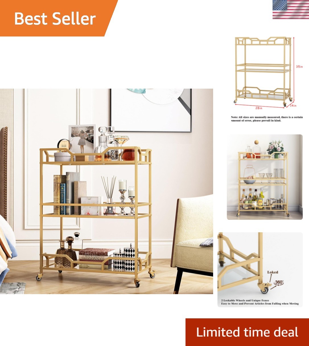 Square Gold Bar Carts with 3 Tier Storage Glass Shelves Holder Home Serving B...