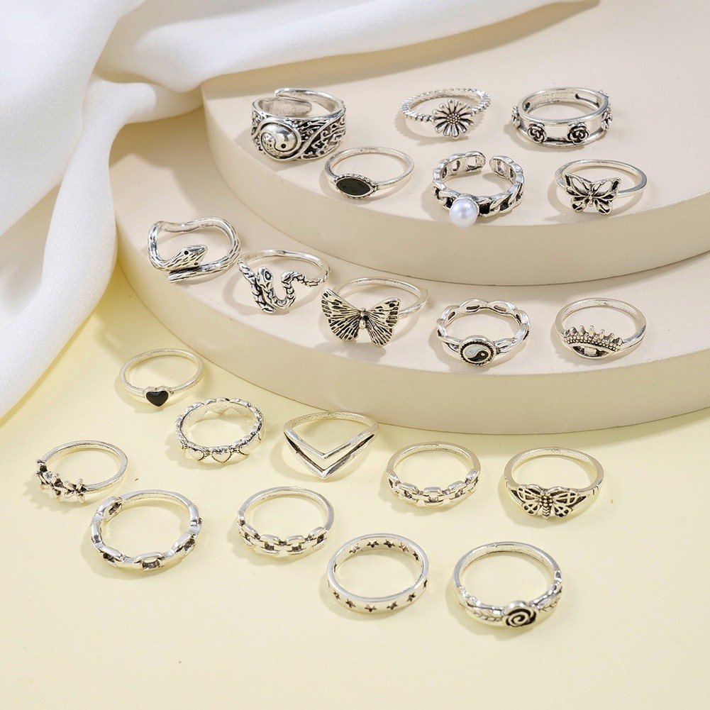 Vintage Butterfly Heart Geometric Flower and Snake Eye Rings Set with 21 Pieces
