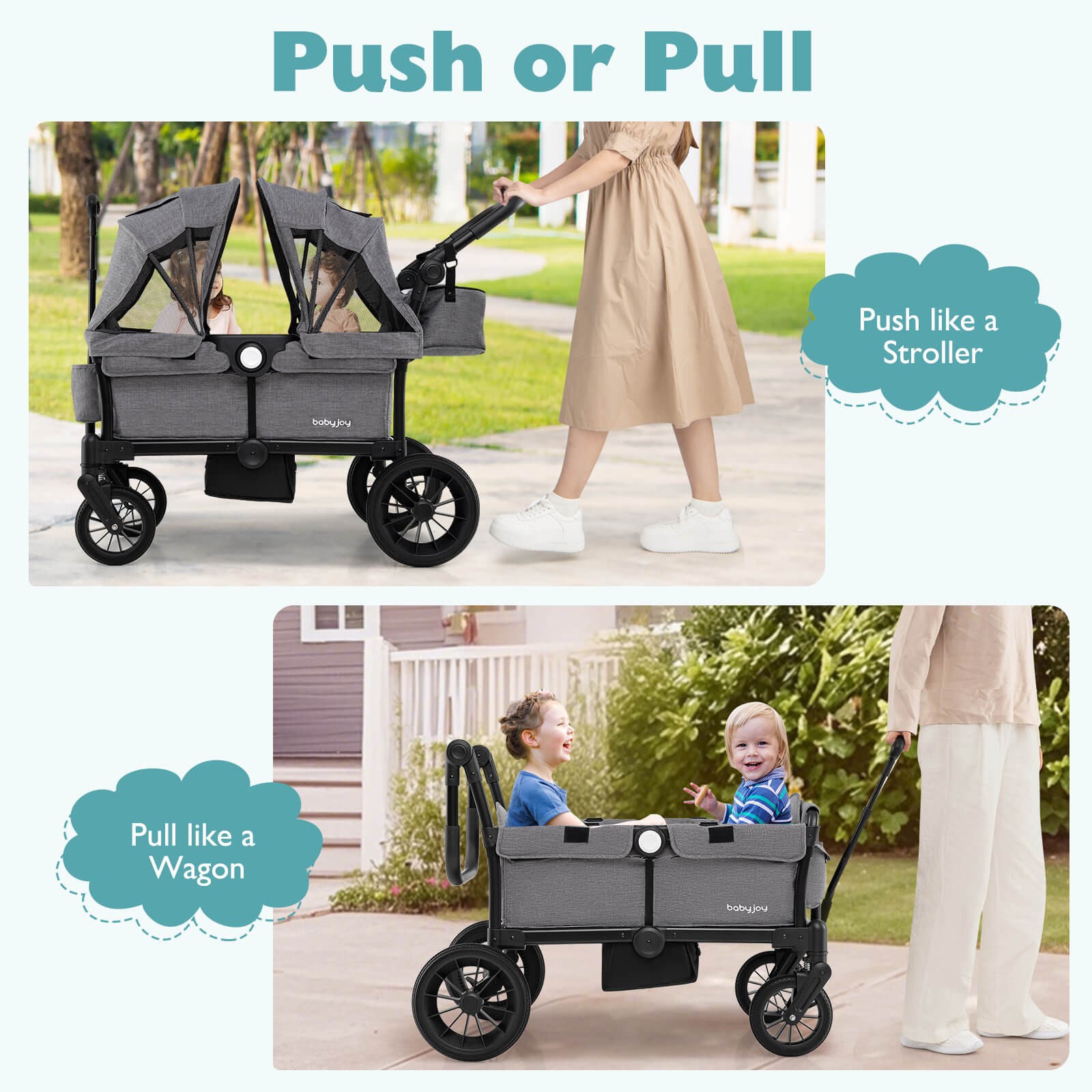 Wagon Stroller for 2 Kids Push Pull Double Stroller with Adjustable Handle