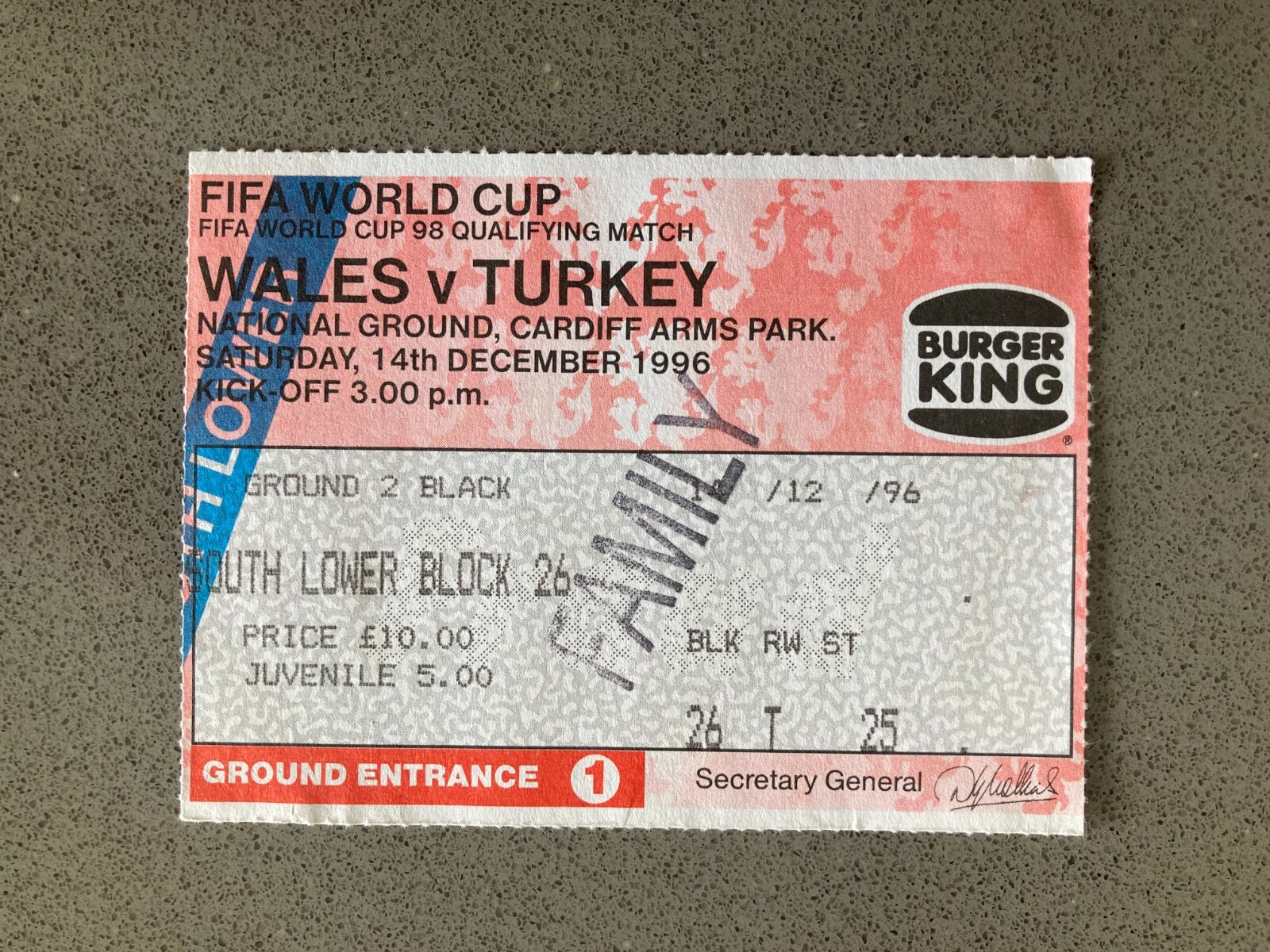 Wales v Turkey 1996 Match Ticket