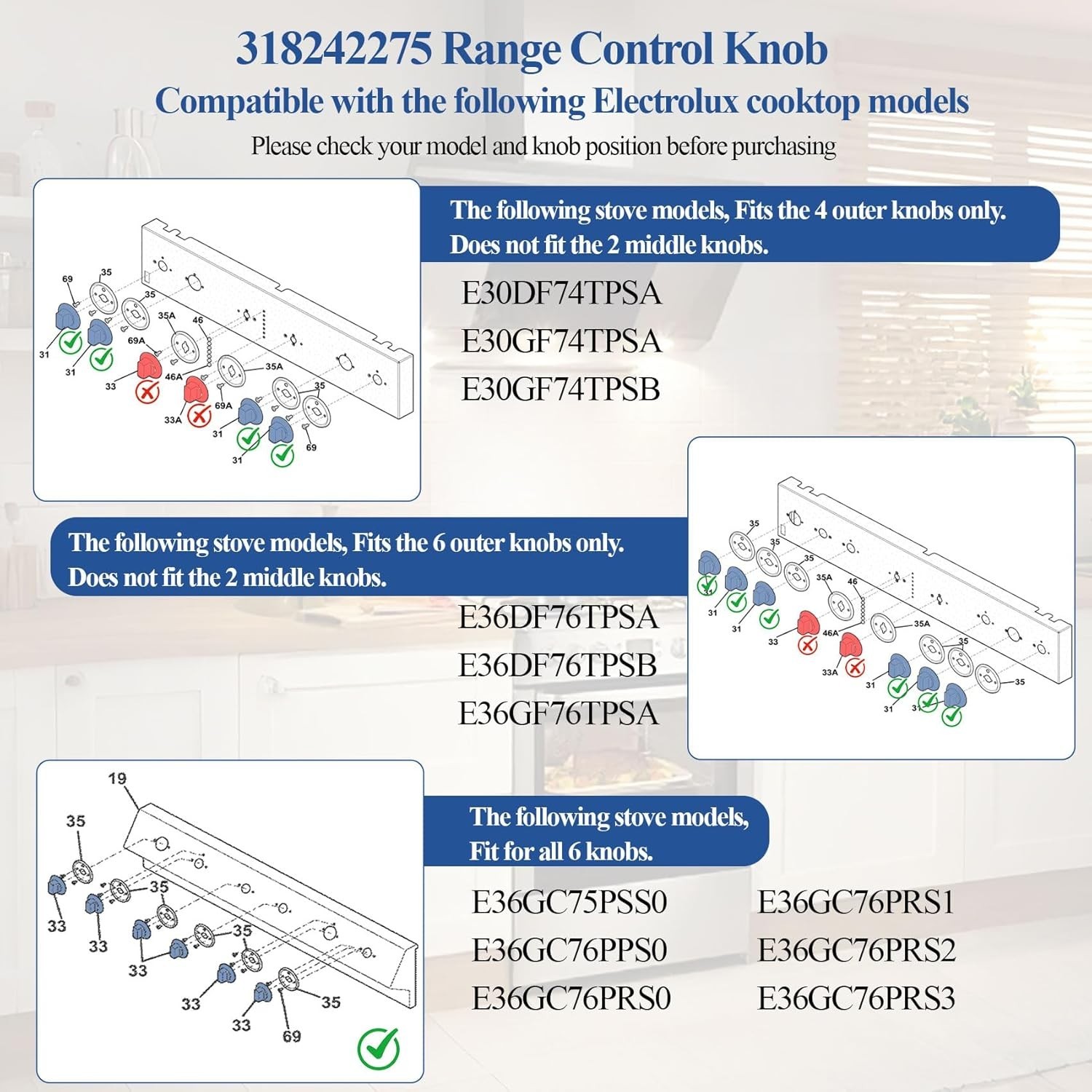 6Pcs 318242275 Burner Control Knob For Electrolux Range/Cooktop E30DF74TPSA