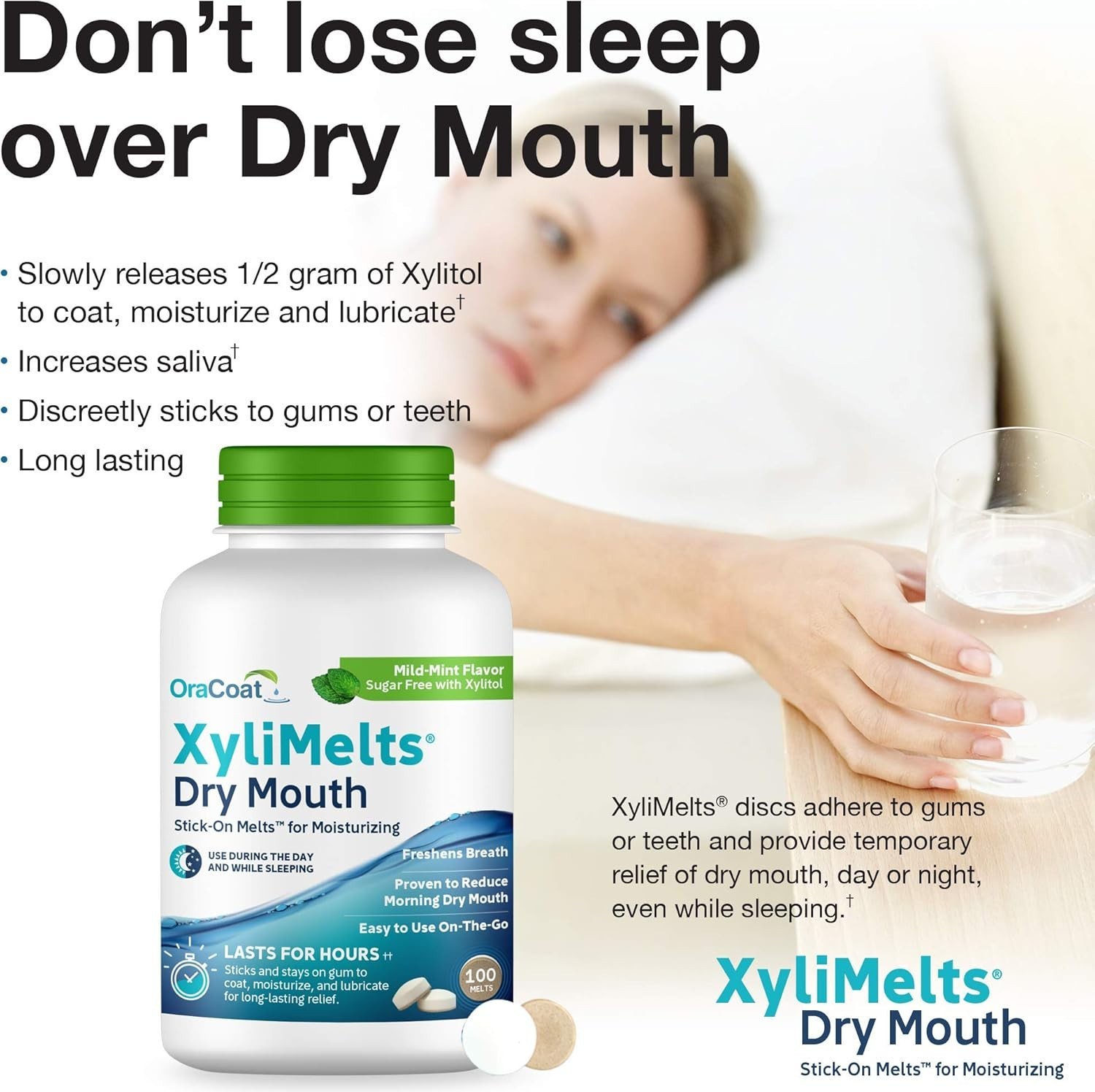 Oracoat Xylimelts Dry Mouth Relief Discs -100 Count, Natural Mint,Nighttime