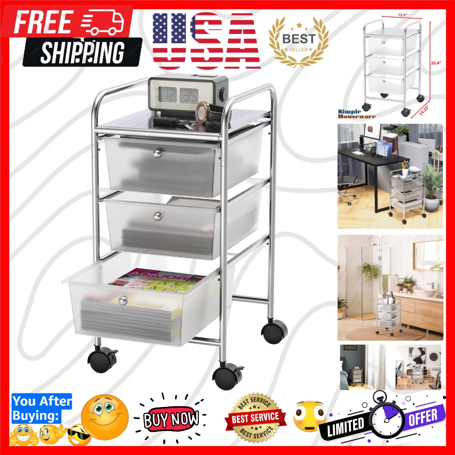 Compact Chrome Utility Cart with 3 Drawers - Perfect for Art & Office Supplies
