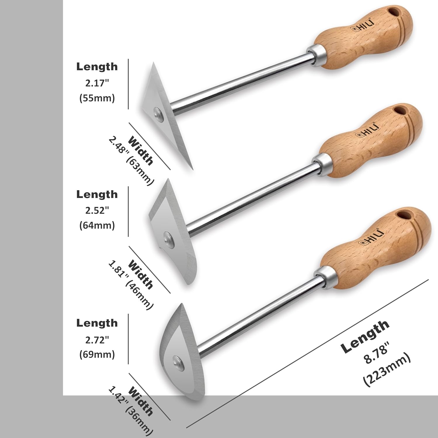TOOLS 3PC. Stainless Steel Shave Hook Scraper Set With Wooden Handle