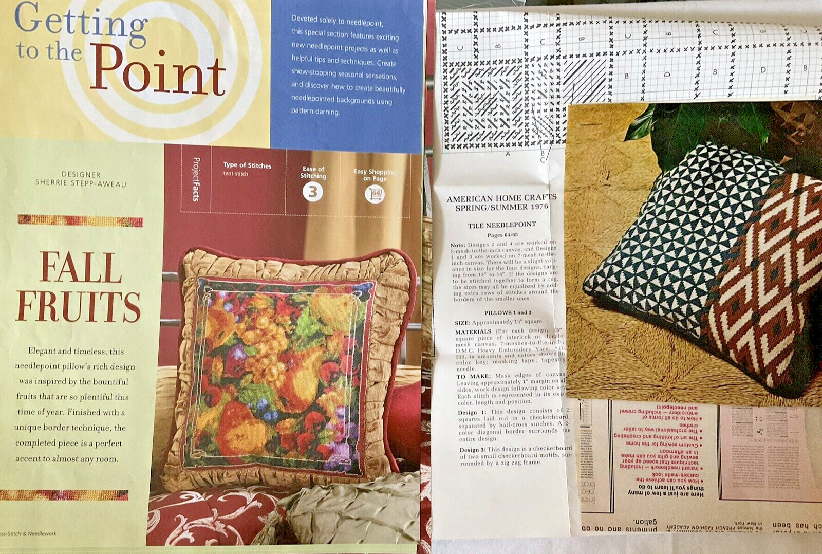 Needlepoint Pillow Patterns Lot of 7 Fruits Tiles Bargello Geometric Good Cond