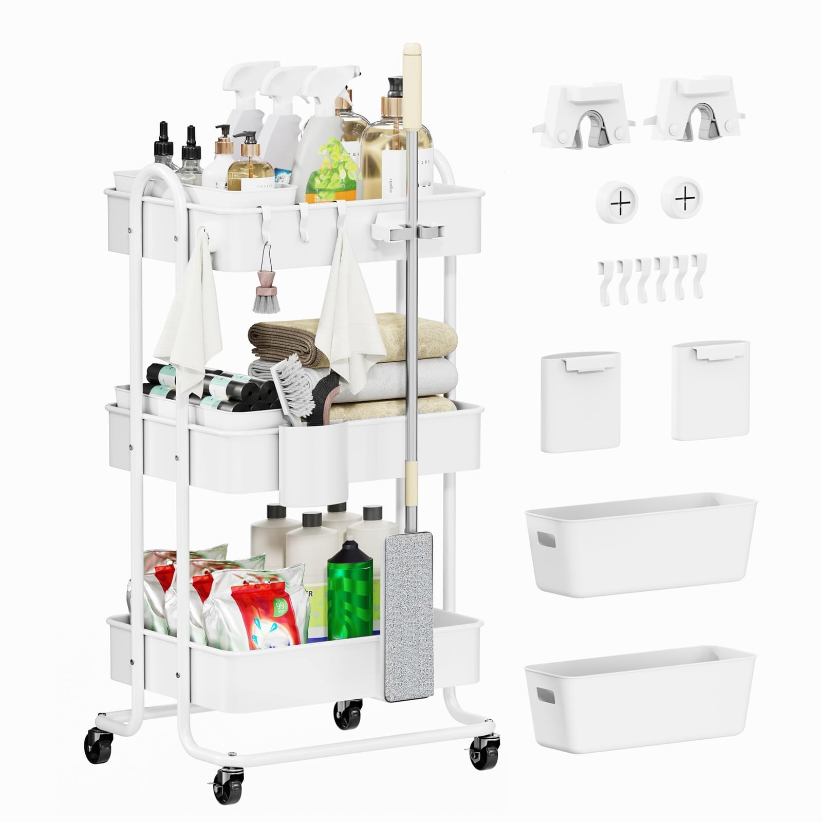 3 Tier Metal Rolling Utility Cart Organizer, Cleaning Supplies Carts with Loc...