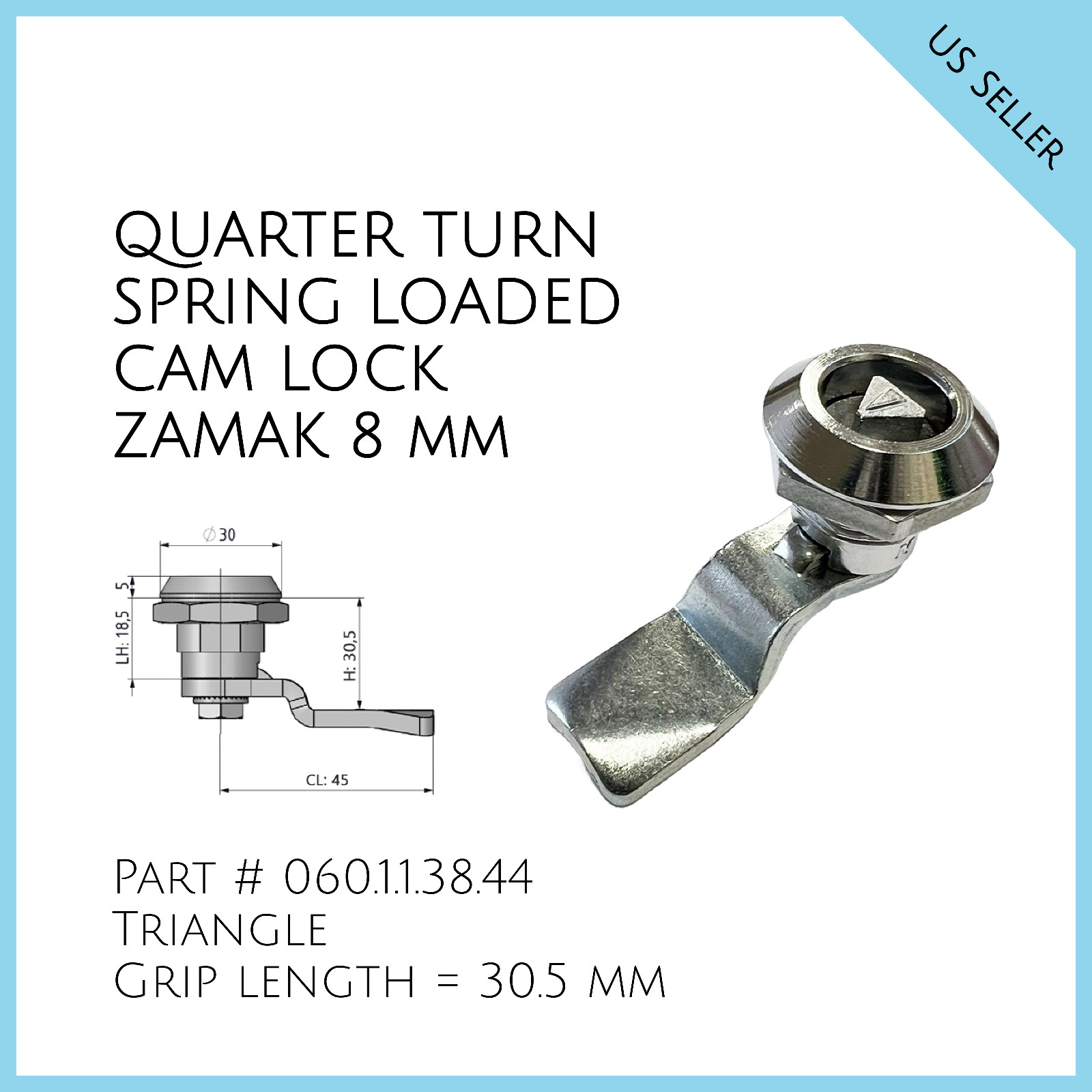 Quarter Turn Spring Loaded Cam Lock Zamak 8mm Triangle Part # 060.1.1.38.44