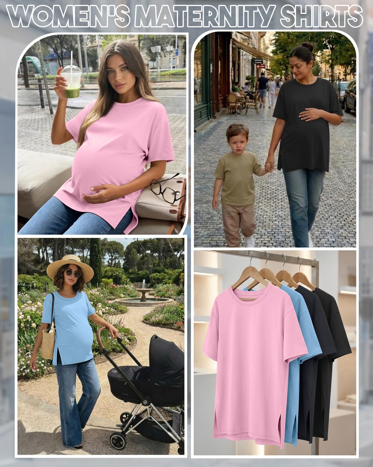 4 Pack Women's Maternity T Shirts, Short Sleeve Split Side Pregnancy Tee Loos...