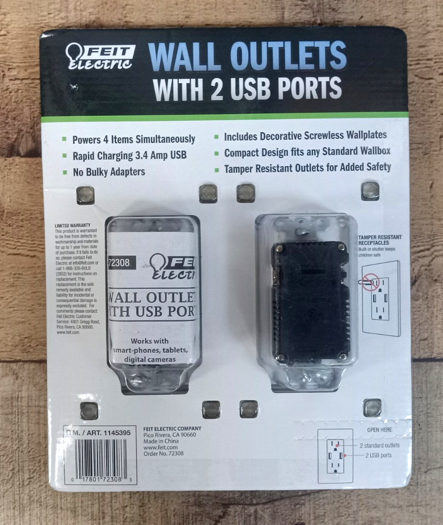 2 PACK - Feit Electric Wall Outlets With 2 USB Ports - Rapid Charging