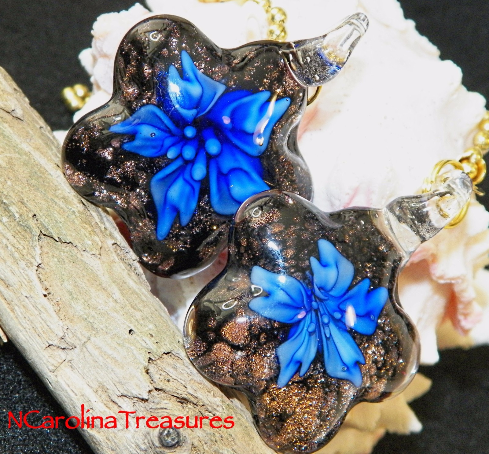GLASS CEILING FAN CHAIN SWITCH PULL BLACK GLITTER BLUE FLORAL STAR LARGE PAIR