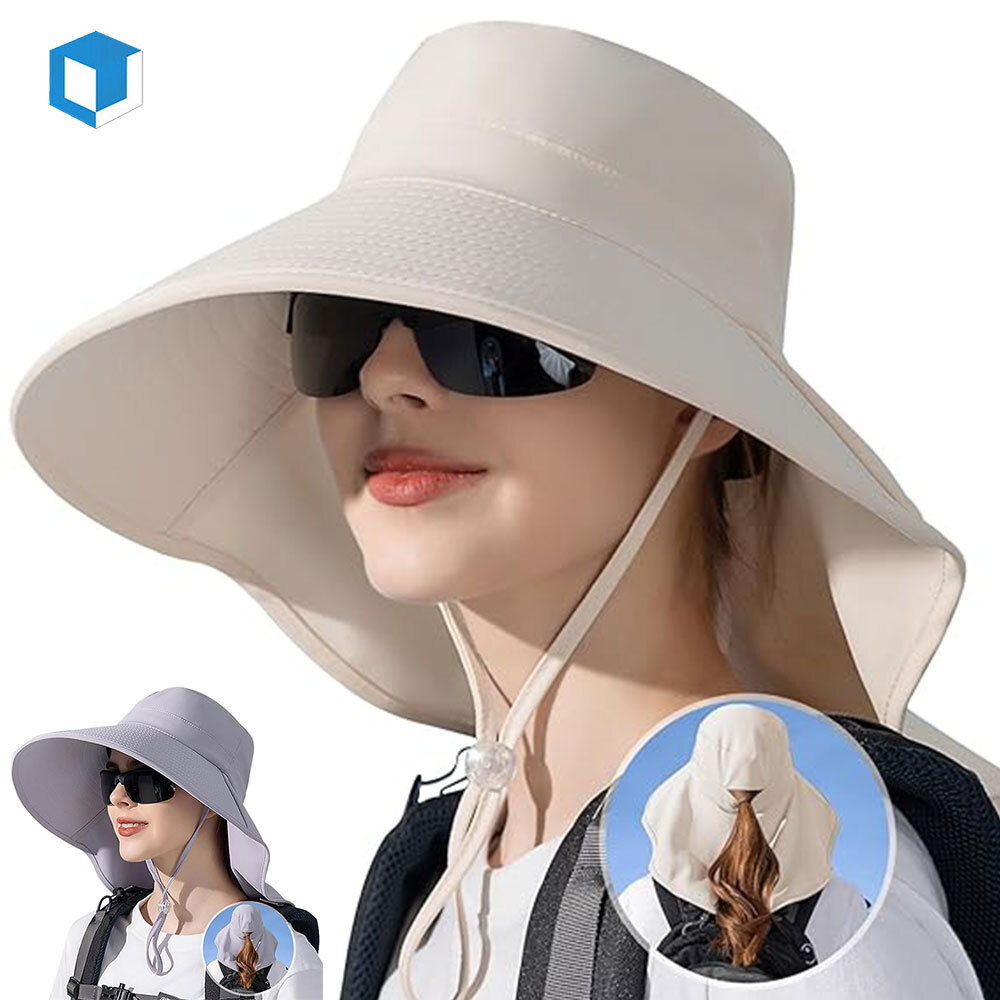 Summer Wide Brim Ponytail Sun Hat With Neck Flap For Women UV Protection Outdoor