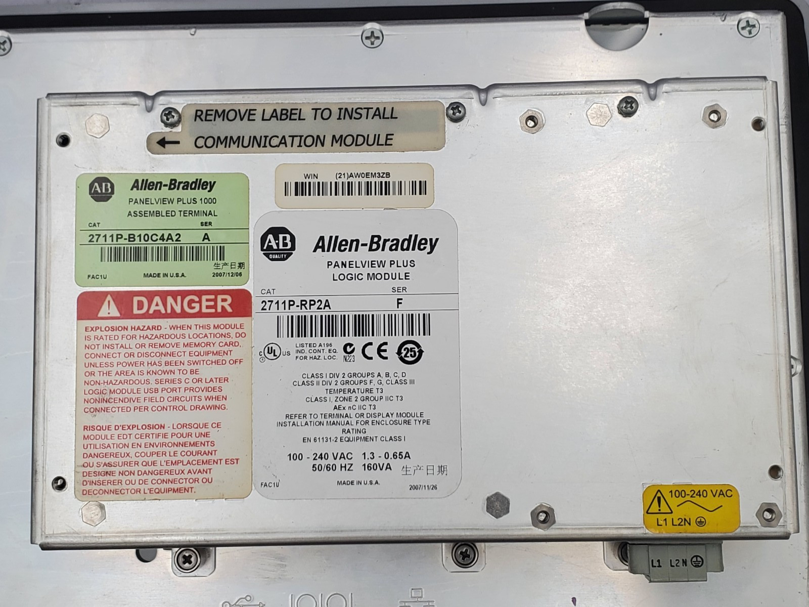 Allen Bradley 2711P-B10C4A2 PanelView Plus 1000 Operator Interface 240V 1.3A