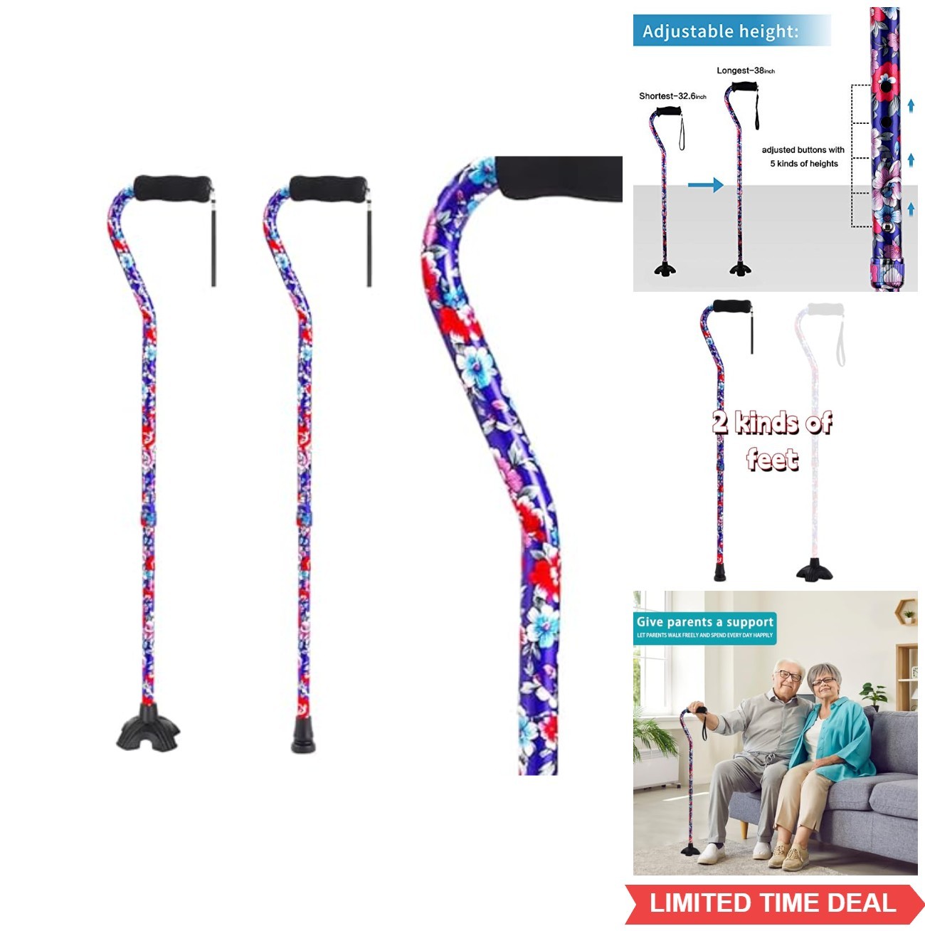 Folding Walking Cane for Women Adjustable 17-38 Inch Self Standing Tip