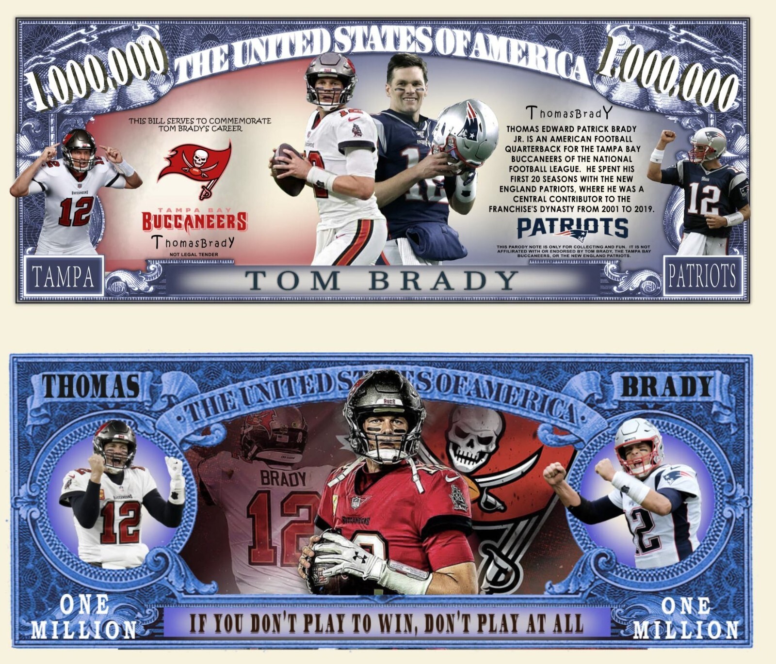 Tom Brady Million Dollar Bill Play Funny Money Novelty Note with FREE SLEEVE