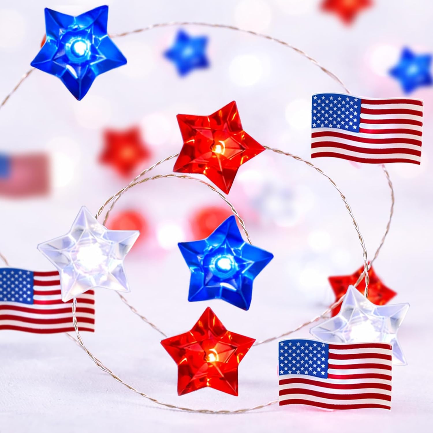4Th of July Decorations Red White and Blue Star American Flag Lights 40 LED | 13