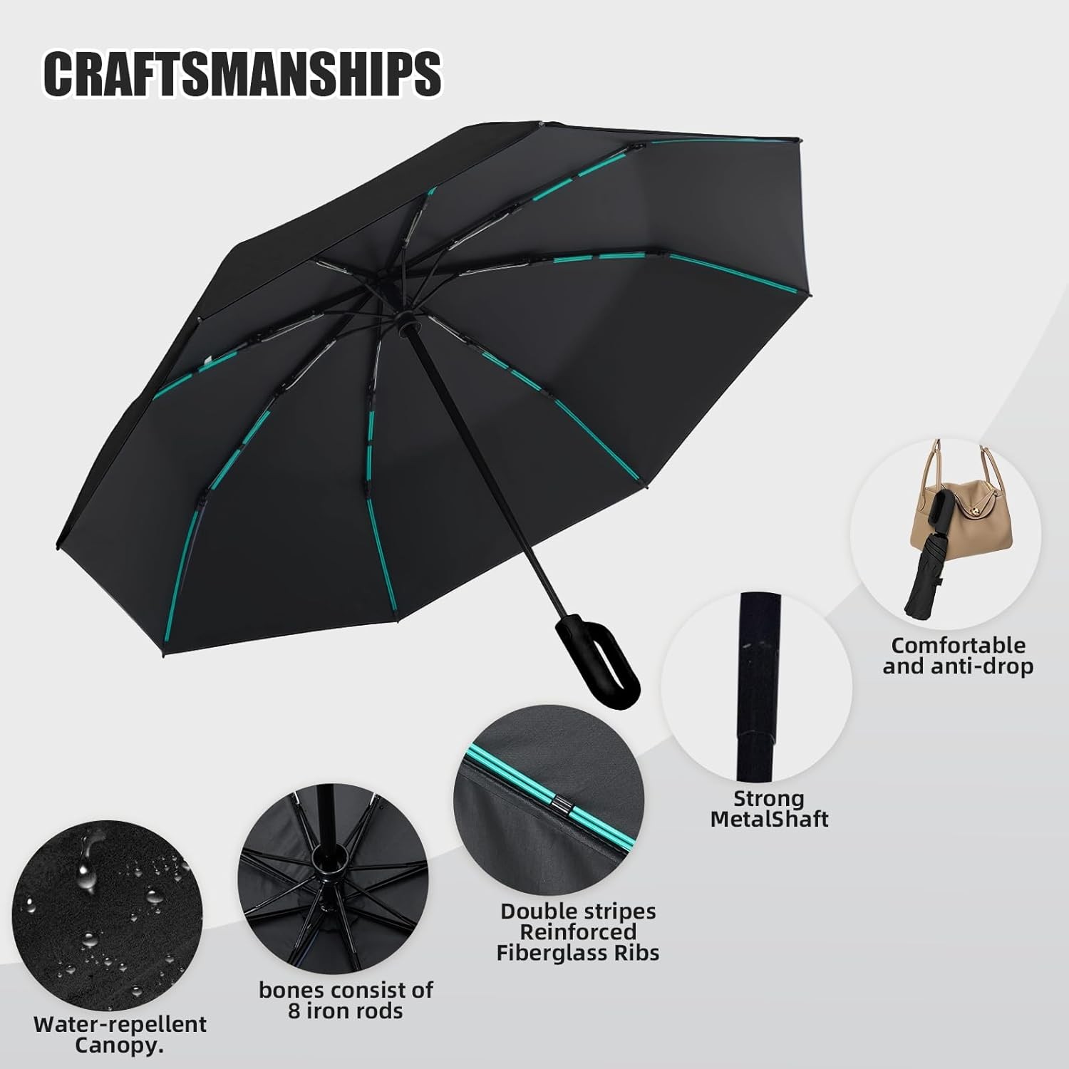 Compact Automatic Folding Travel Umbrella-Windproof Rainproof, PF50+ Sun Protect