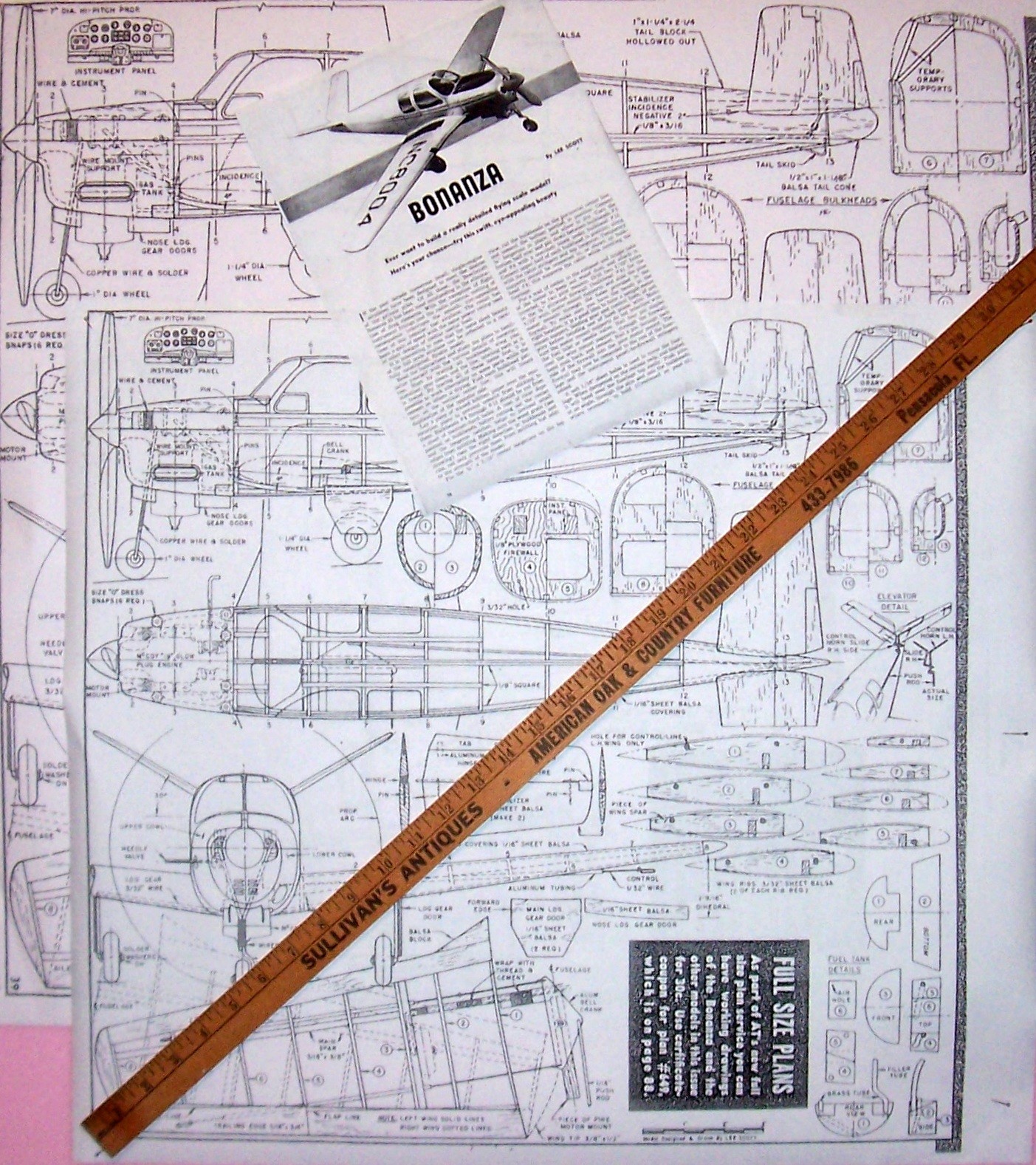 Two Sizes BEECH BONANZA V-TAIL PLANS & CONSTRUCTION ARTICLE for UC Model Planes