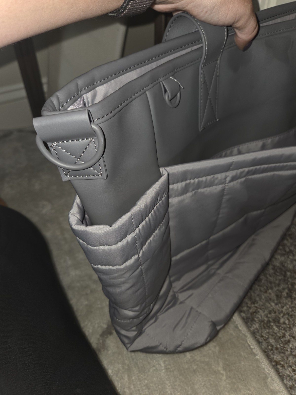 Gray Solid Quilted Laptop Bag Tote with Outer Pockets & Detachable Strap