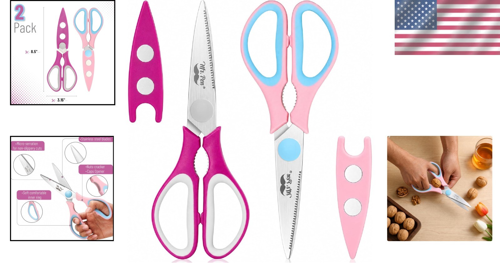Versatile 8-Inch Kitchen Shears - Pink & Blue, Micro-Serrated Stainless Steel