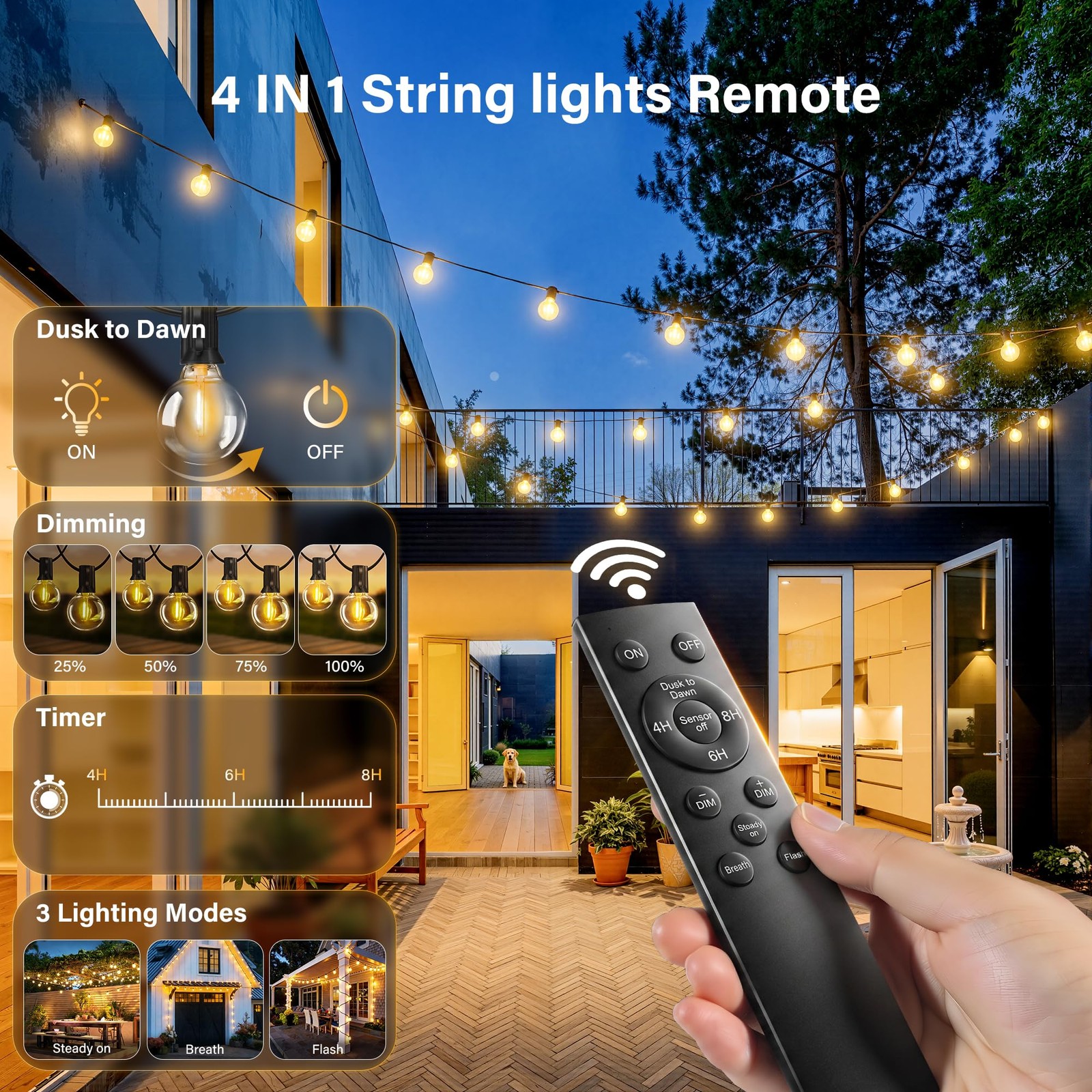 30FT Outdoor String Lights with Remote, Waterproof Connectable Dimmable G40 P...