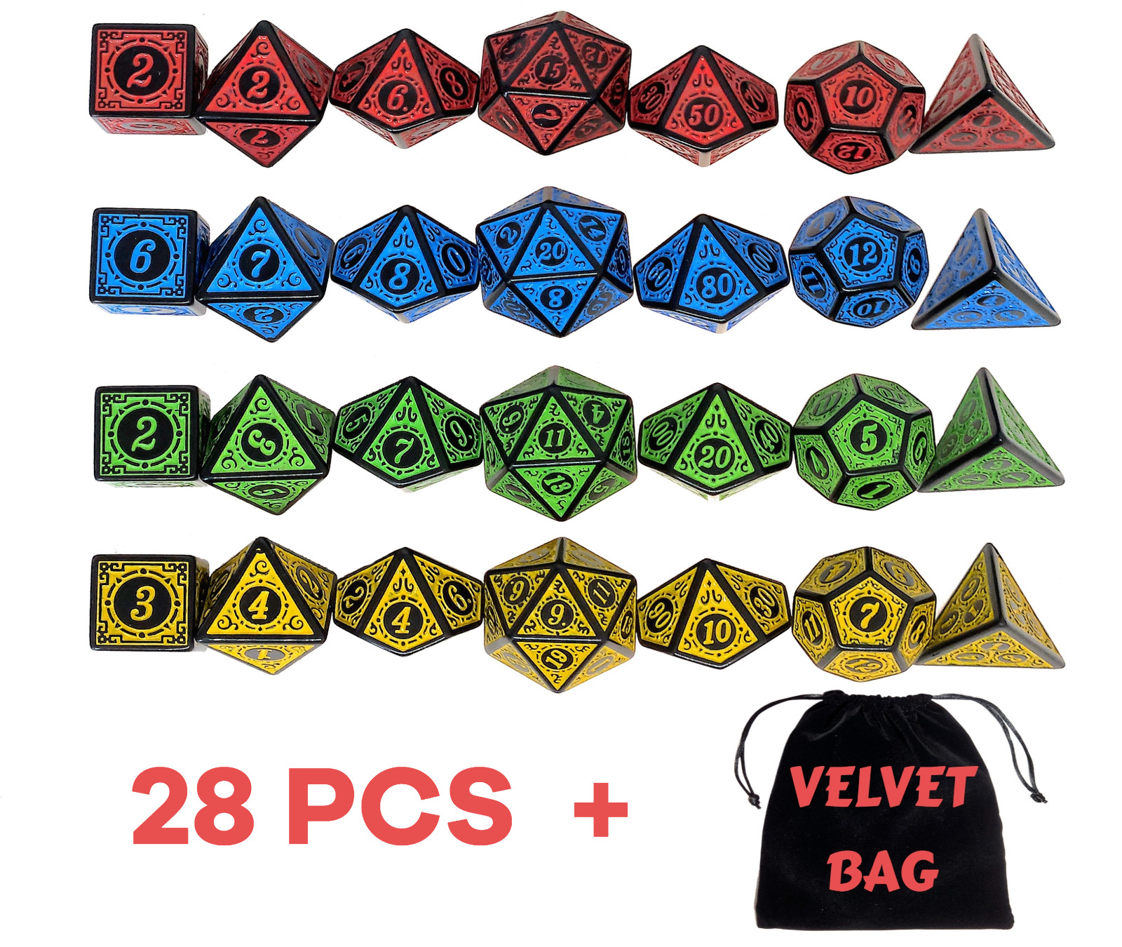 Vintage Carved DnD Dice Set 28 pcs Polyhedral Dungeons & Dragons RPG