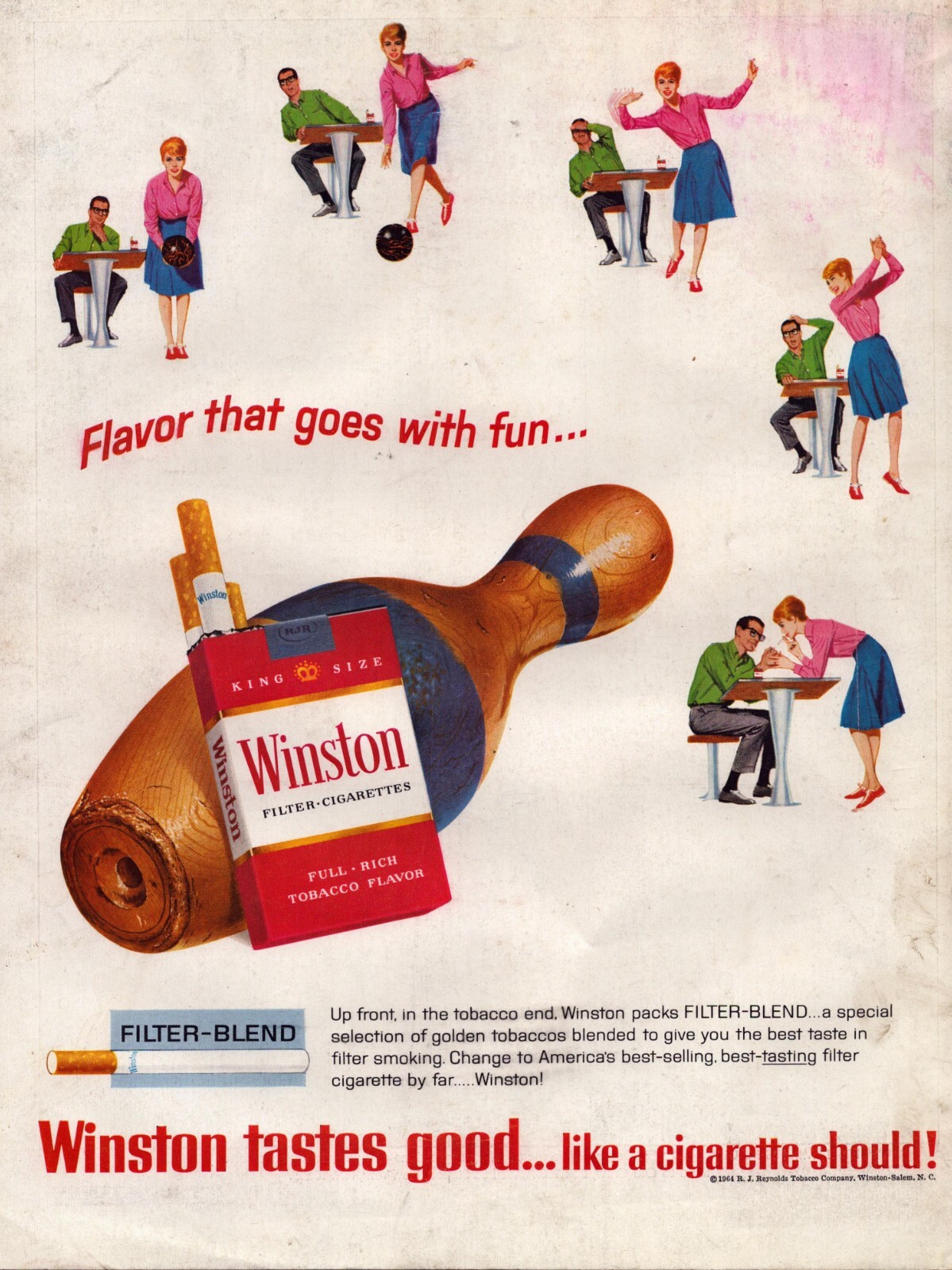 1965 Winston Cigarettes Print Ad Bowling Pin Flavor That Goes With Fun