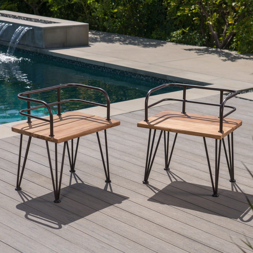 Rustic Acacia Wood Side Table with Iron Legs, Outdoor Patio Backyard