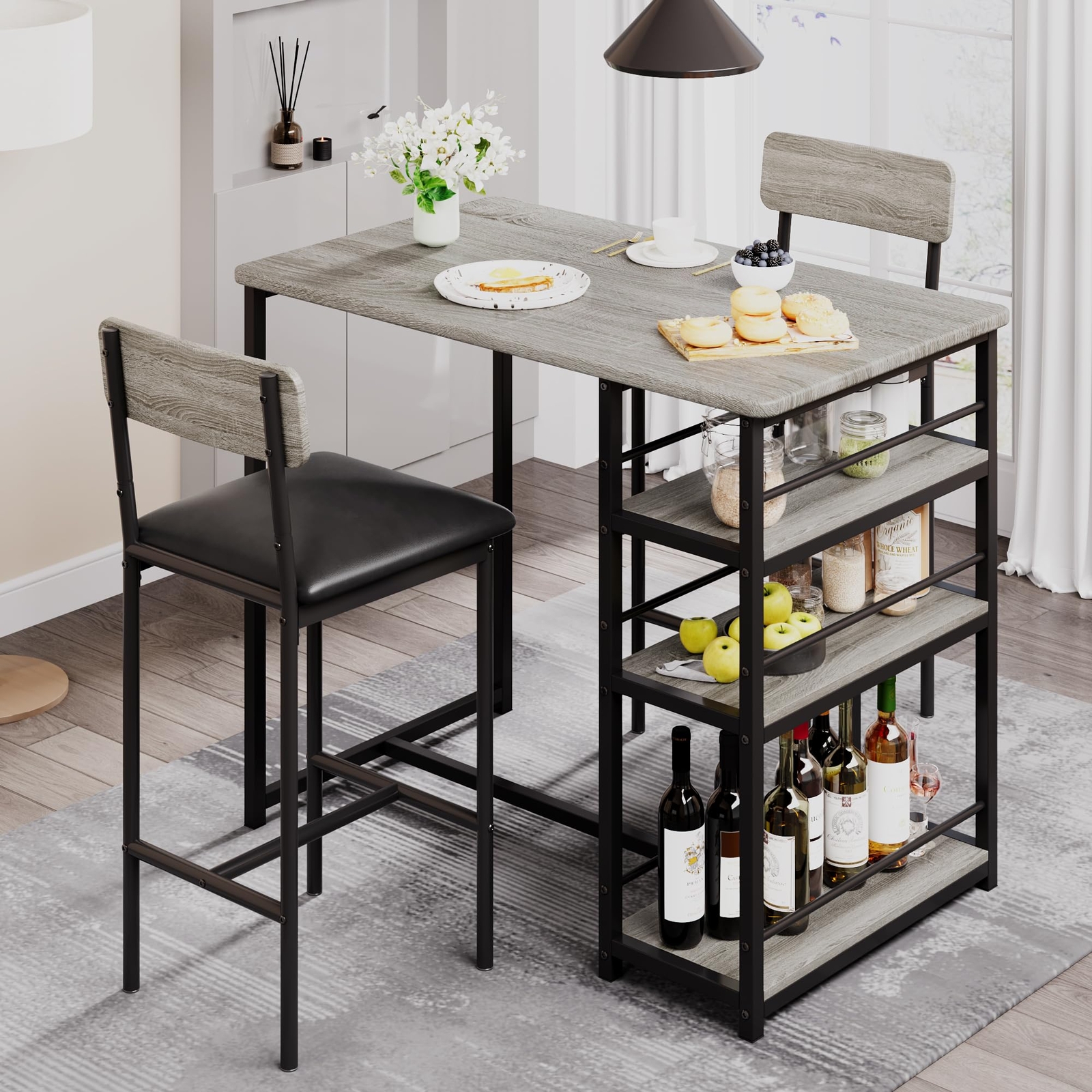 Dining Set Table and 2 Upholstered Height Chairs Bar Stools Wood Top for Kitchen