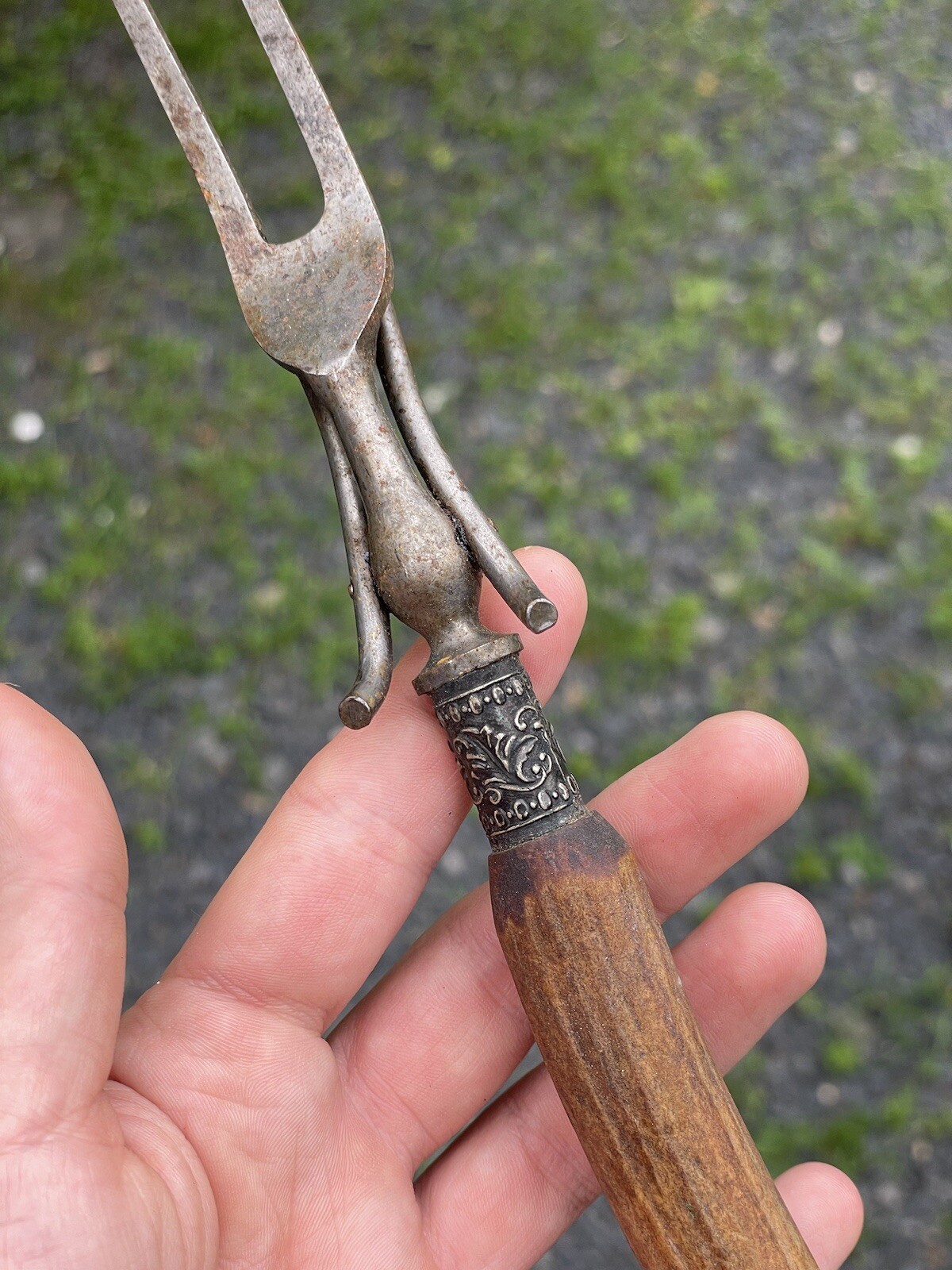 Antique Victorian Antler Handled Carving Serving Fork 19th C. Lodge Tableware