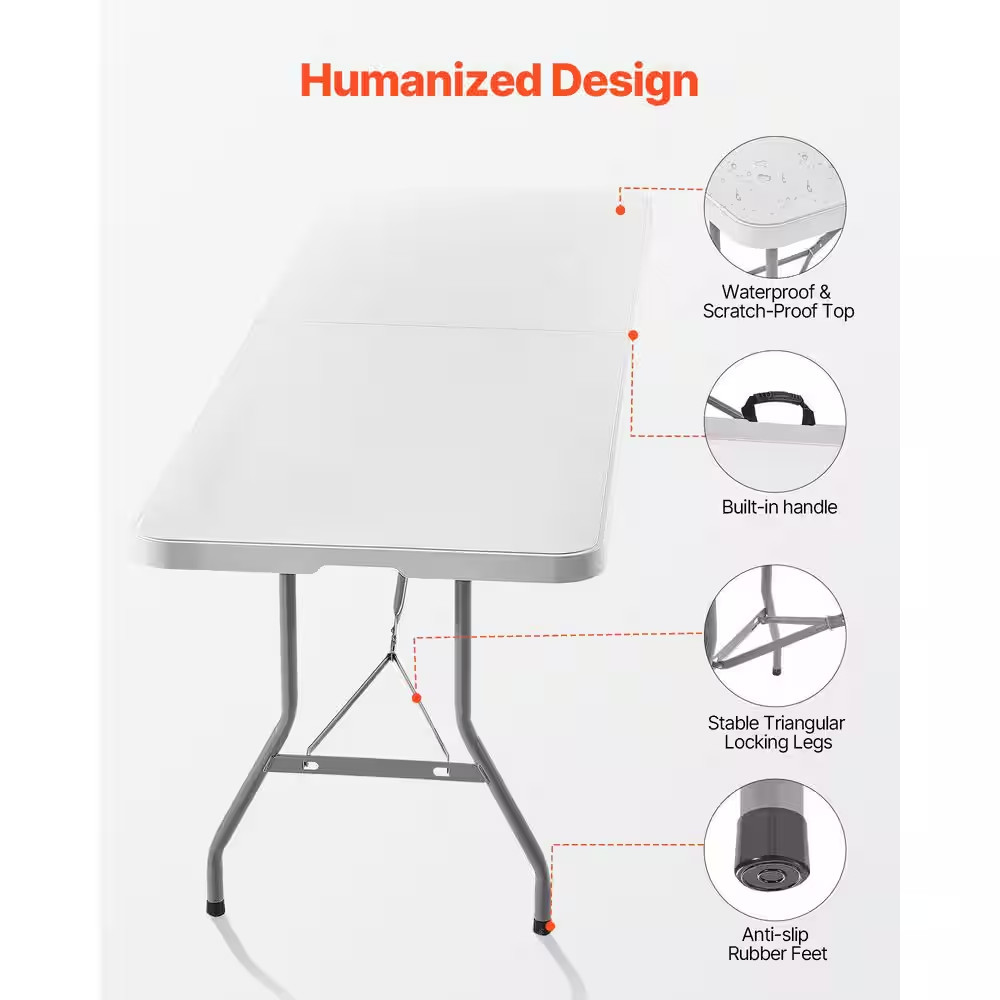 Folding Table, 8 Ft. Heavy Duty Portable Fold-In-Half Plastic Rectangle Table wi