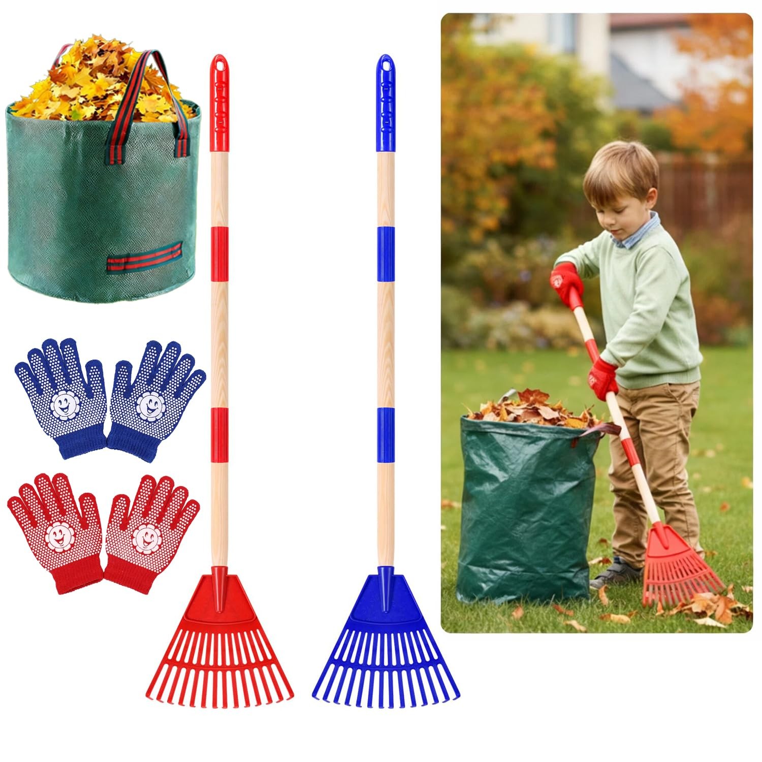 Kids Adjustable Leaf Rake Set – 28" to 34" with Gloves & Leaf Bag, 2 Pack