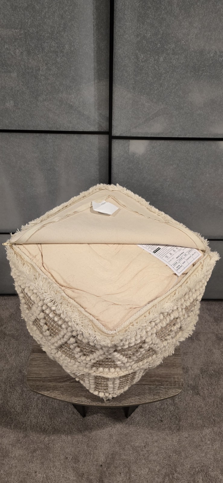 Square Boho Geometric Pouf Ottoman Footstool, Beige/White, Removable Cover 16"