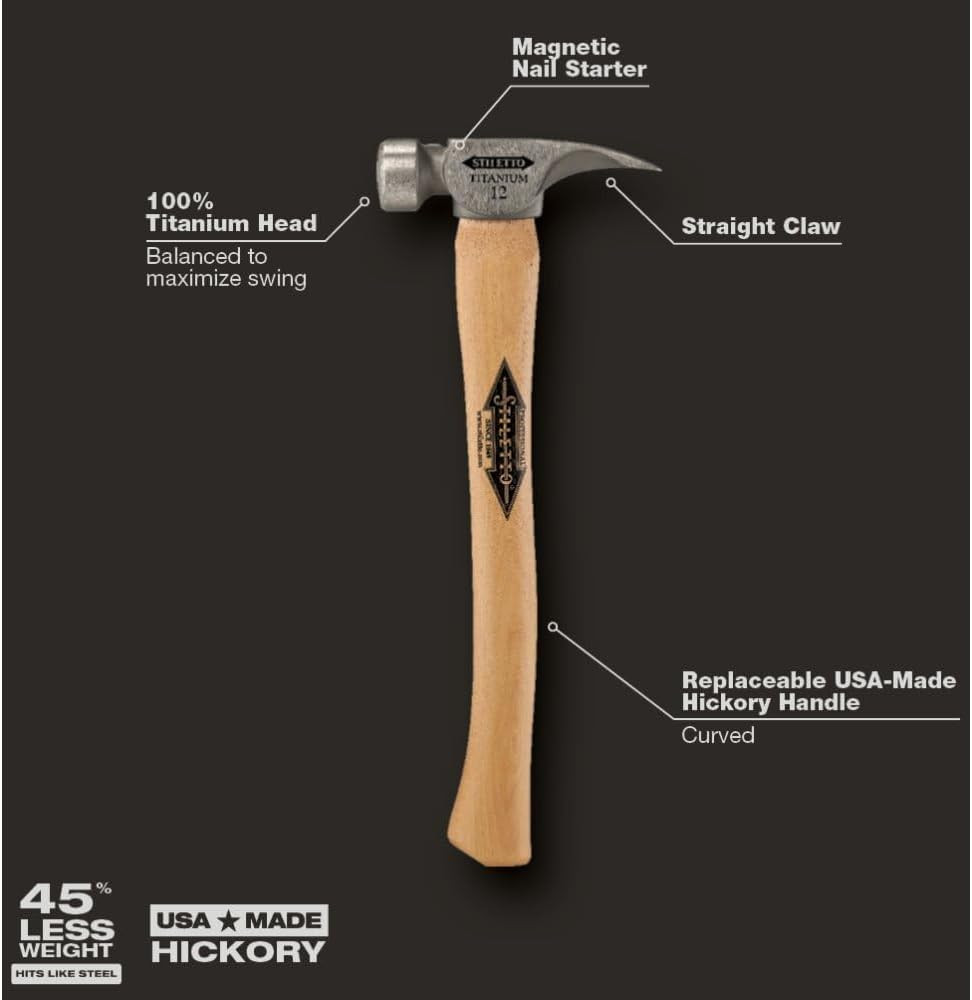 Ti12Sc Titanium Hammer with 18" Curved Hickory Handle - Smooth Face, Silver