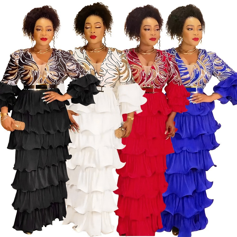 African Women Dashiki Sequins Multi-Layer Maxi Dress Plus Size Wedding Gown Prom