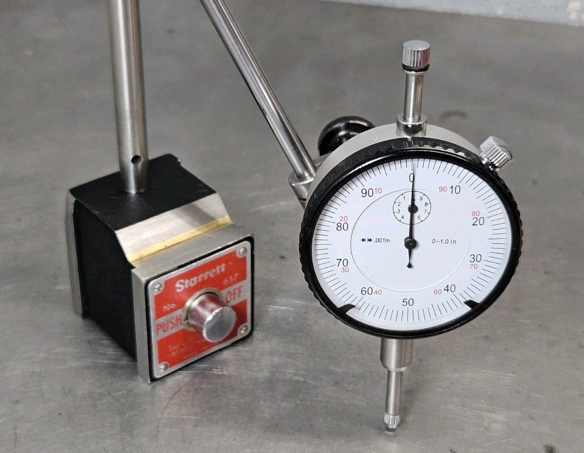 Starrett No. 657AA magnetic base + 1" dial indicator - micrometer - caliper