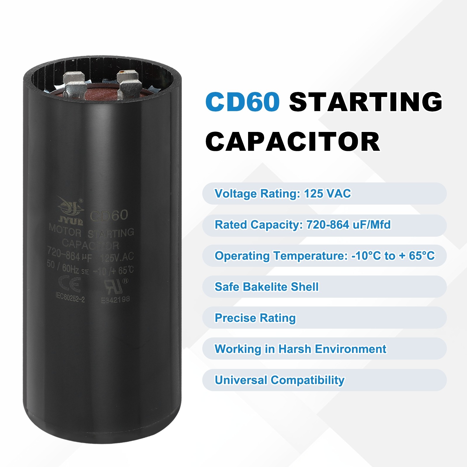 CD60 Capacitor 720-864 UF/Mfd 125VAC Run Motor Start Capacitor Black