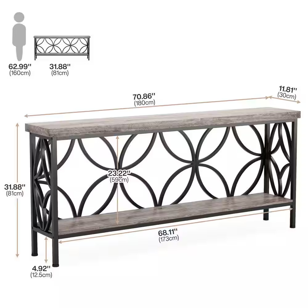 Turrella 70.9 In. Gray Rectangle Engineered Wood Narrow Console Table with Stora