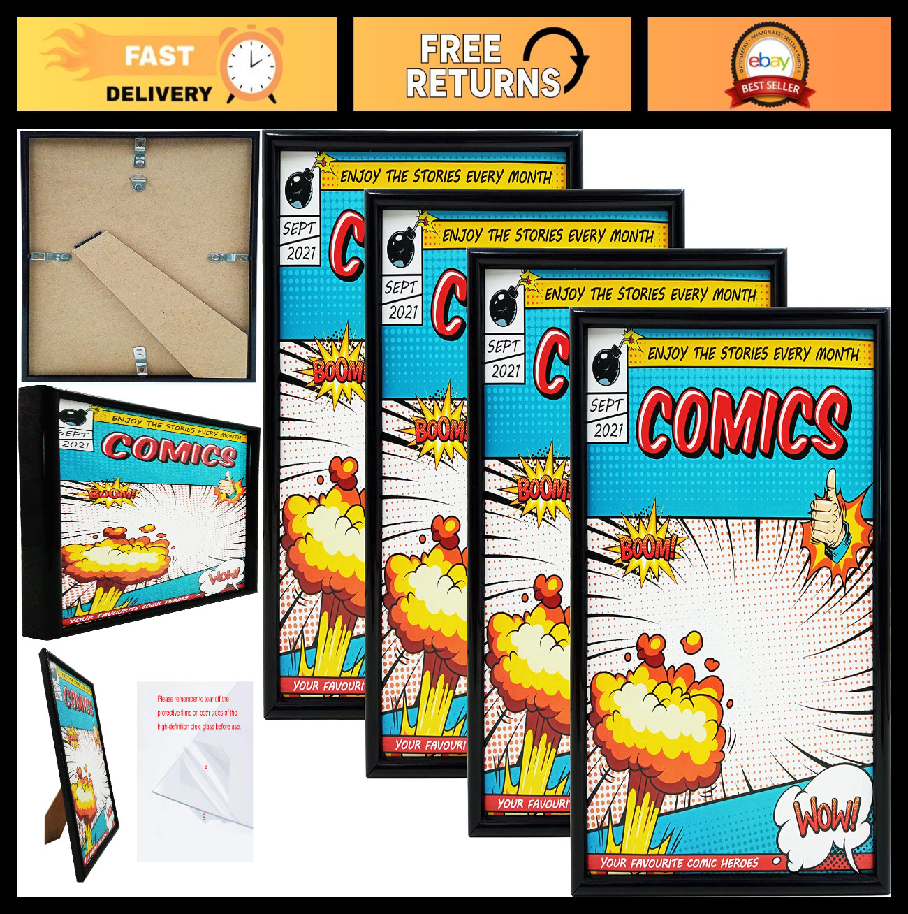 4 Pack Black Comic Book Frames - 6.75x10.25, UV Protection, Fits Standard Comics