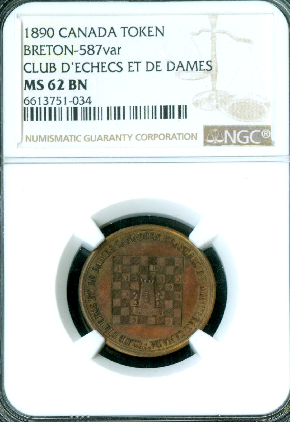 1890 CANADA TOKEN CLUB D'ECHECS ET DE DAMES TOKEN NBRETON-587 NGC MS62 BN