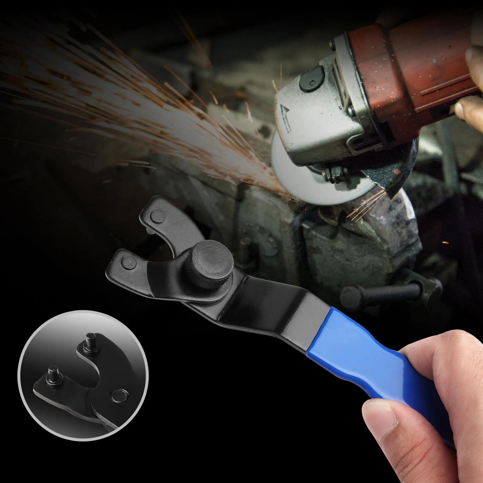 All-Purpose Pin Spanner Tool Adjustable for Grinder Nut Removal Rubber Handle