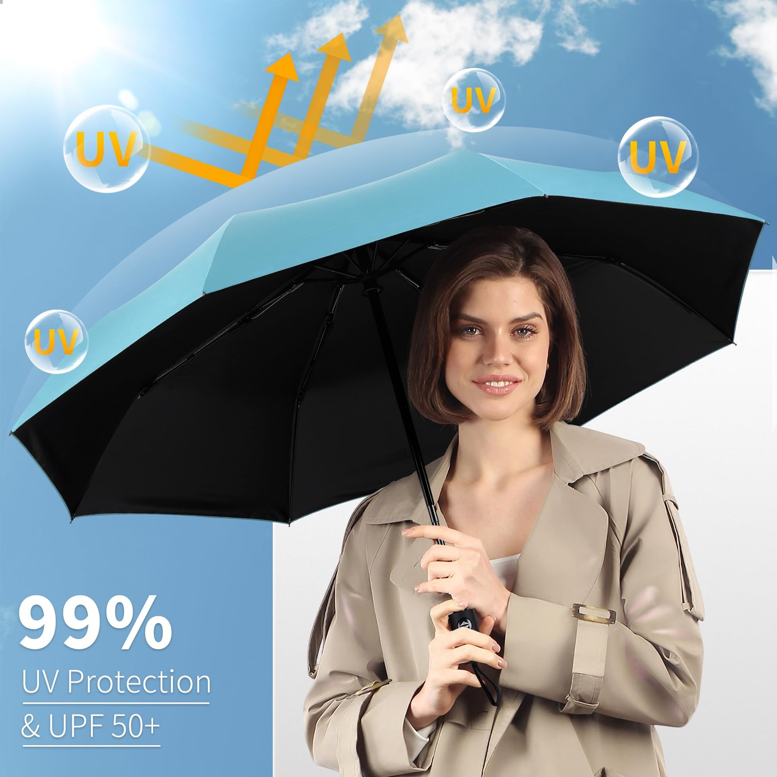 Windproof Travel Umbrella Automatic Compact Folding UV Protection Umbrella