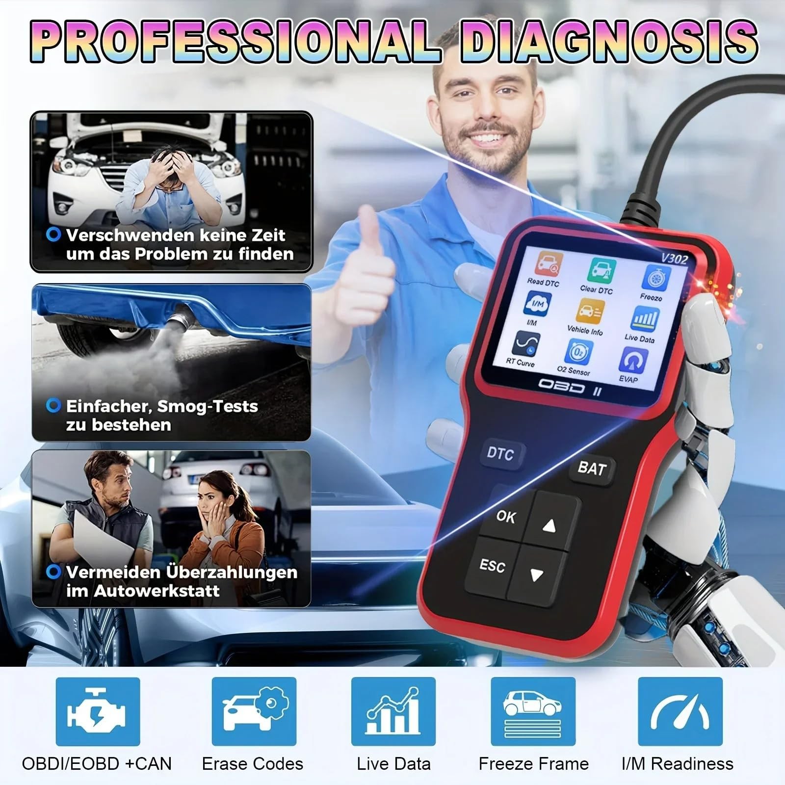 OBD2 Scanner Car Code Reader Battery Voltage Test O2 Sensor Live Data EVAP Test